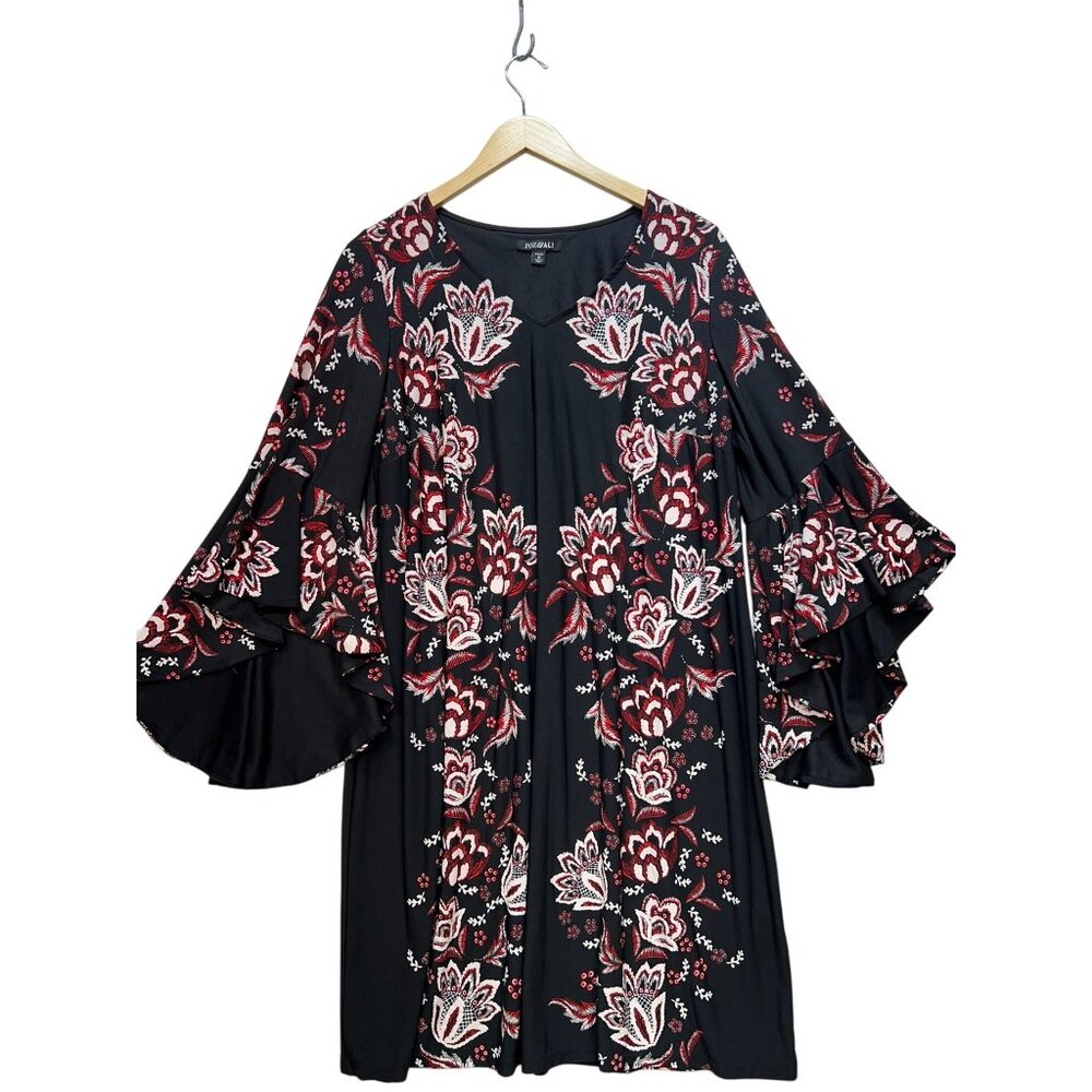 Roz & Ali Womens Floral Shift Dress Size 1X Black Bell Sleeve Dress Pullover Y2K